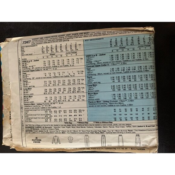 McCall's Misses Coat Vest Pant Skirt Sewing Pattern Sz 10 7347 - Uncut - Picture 6 of 9